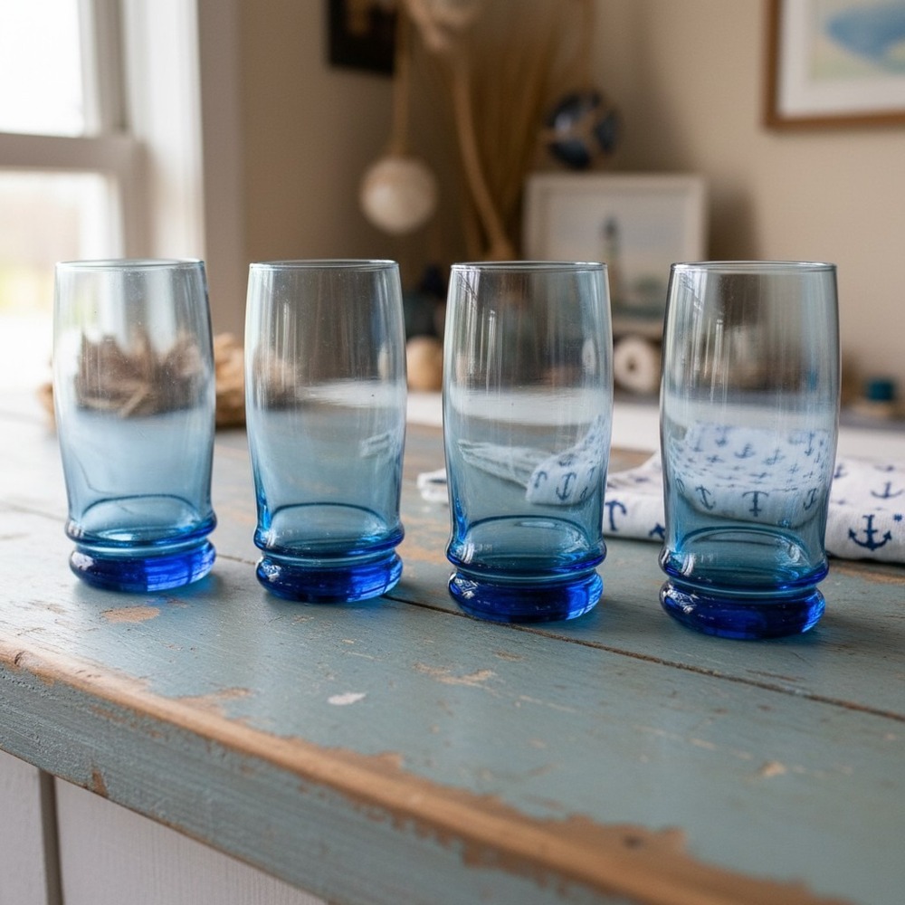 Anchor Hocking Saturn Blue Tumblers Blueberry Drinking Glasses 6" Set Of 4